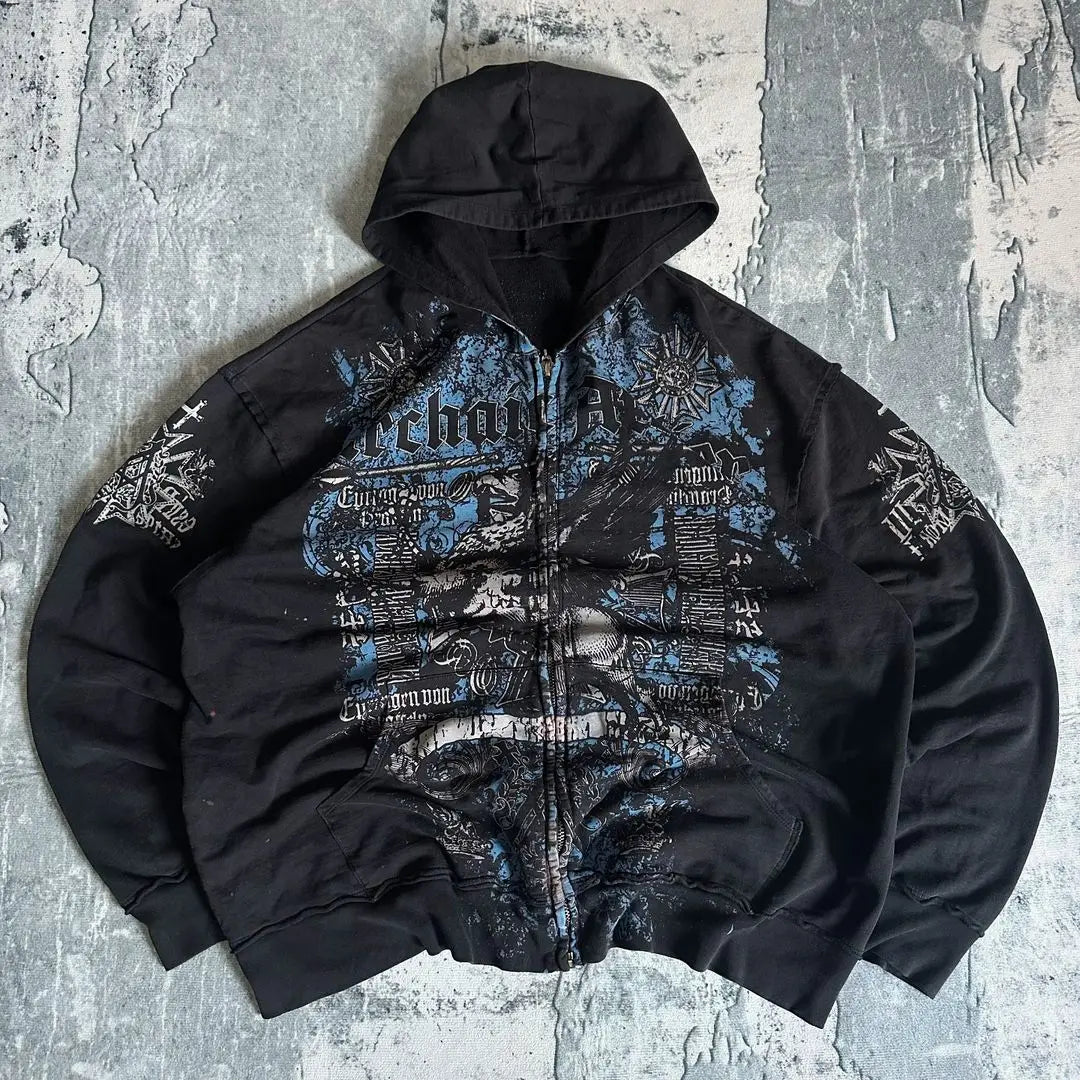 Hearujoy Affliction Gothic Hoodie Y2K New Retro Pattern Oversize Zipper Hoodie Hip Hop Street Casual Sweatshirt Personality Men clothing