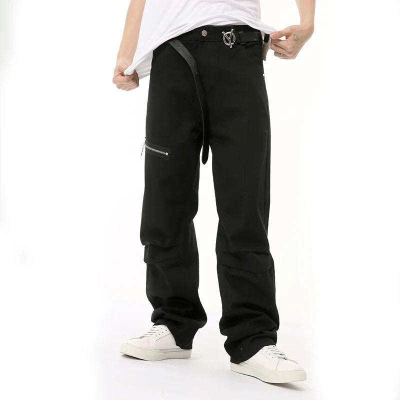 Hearujoy Male Cargo Pants High Street Zipper Splicing Folded Design Wide Leg Casual Men's Overalls New Autumn 2024 Chic 9C6693