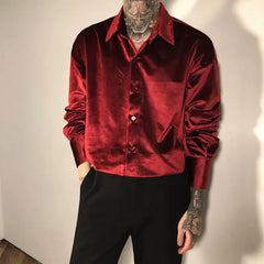 Hearujoy Spring New Arrival Wine Red Velvet Shirts for Men High-end Niche Luxury Solid Color Lapel Buttons Long Sleeve Drape Mens Shirts