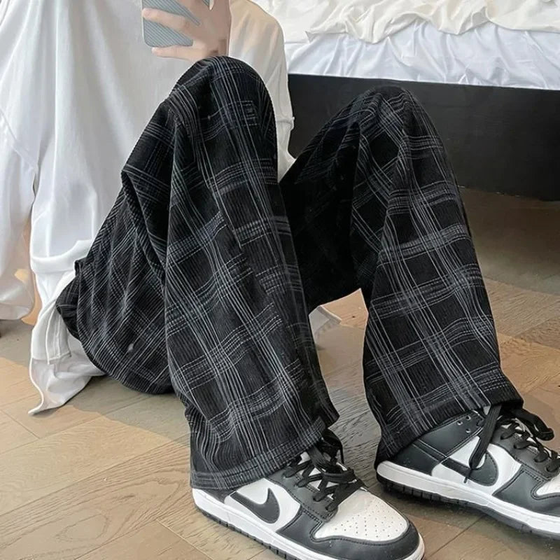 Hearujoy Check Trend Plaid Baggy Trousers For Men Loose Classic Korean Style Designer Clothes Big Size Harajuku Fashion Casual Pants Man