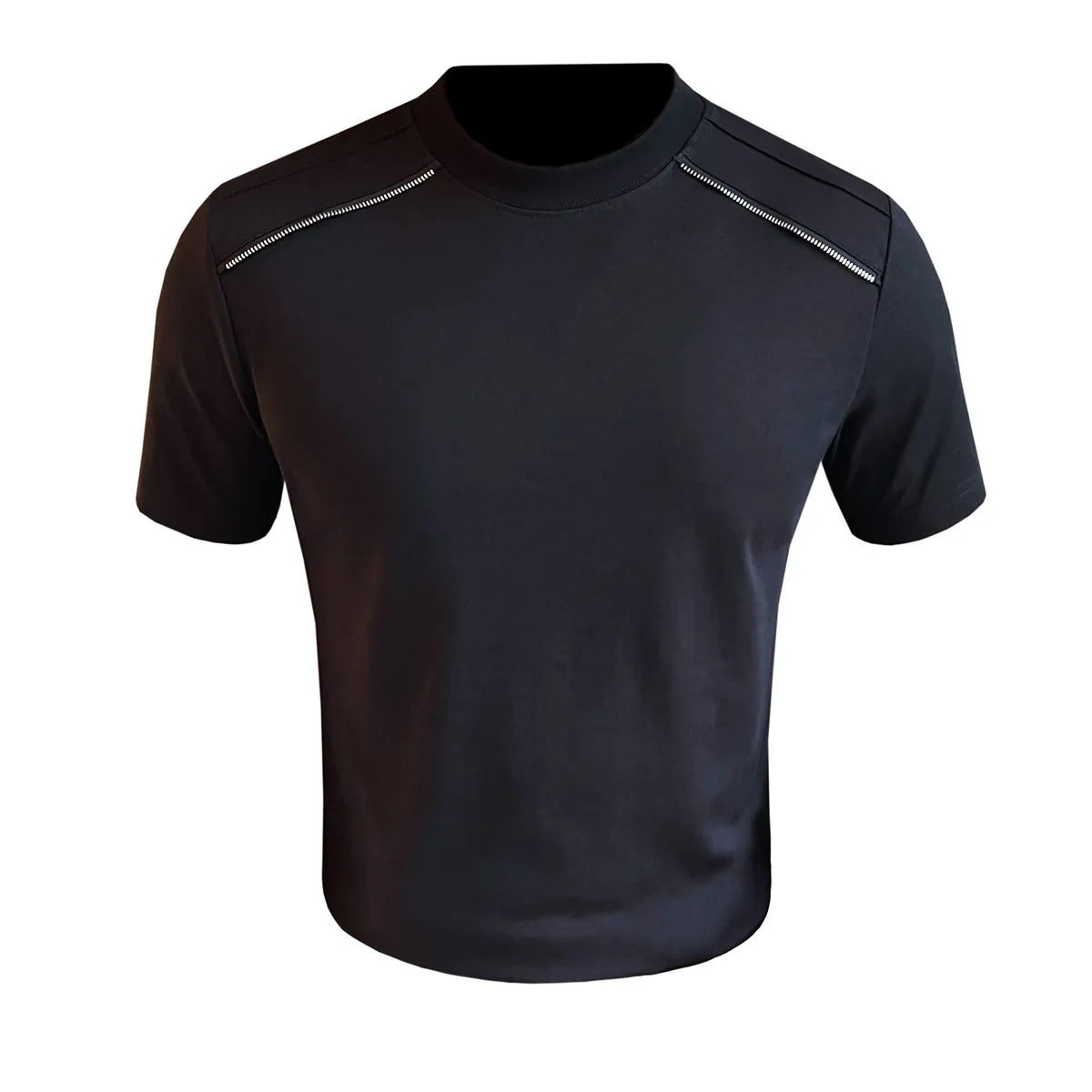 HEARUJOY  -  Men's Summer 65% Cotton Zipper-Shoulder Tee | Slim Fit Round Neck Short Sleeve Shirt in Black/White