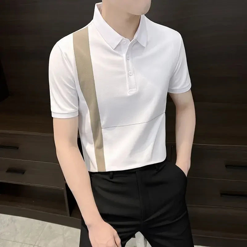 HEARUJOY  -  Male Polo Shirts White Striped Skinny Black Print Elastic Loose Xl Short Quarter Sleeve Fashion Stylish Mens with Collar T-shirt