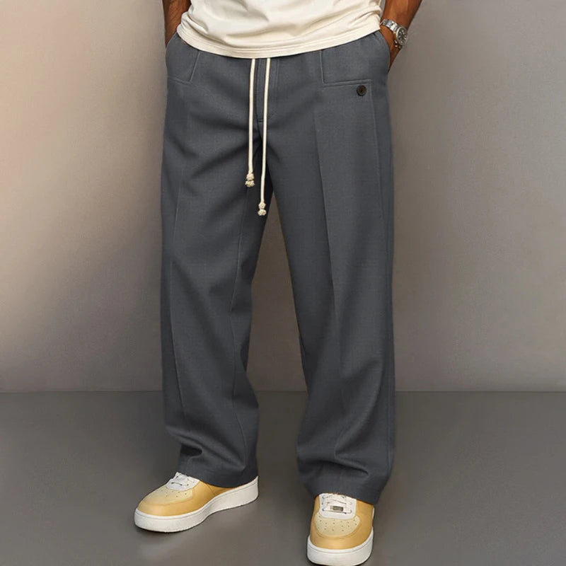 HEARUJOY  -  Fashionable Mens Solid Color Trousers Spring Autumn Streetwear Casual Drawstring Pants Men Stylish Loose Straight Trousers
