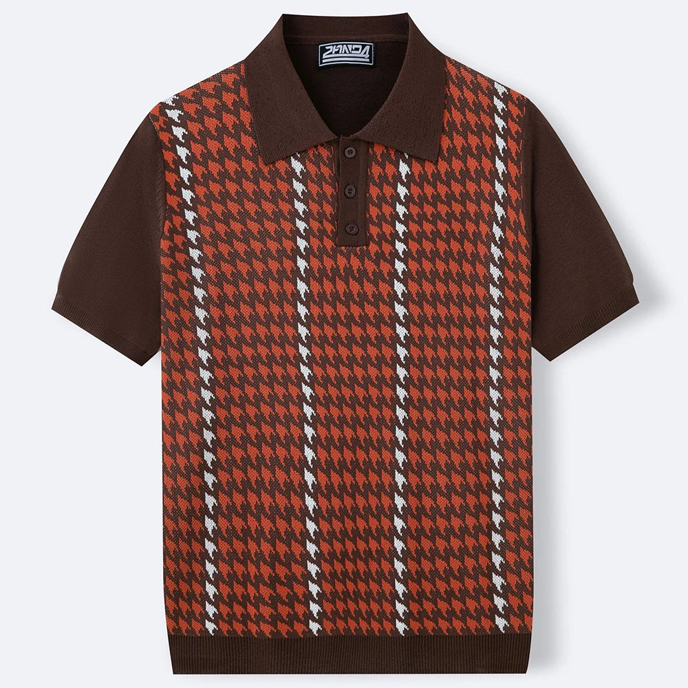 HEARUJOY  -  Summer New Men's Houndstooth Jacquard Short-Sleeved Knitted Polo Shirt Retro Fashion Trend Casual Loose Daily Business Mens Tops