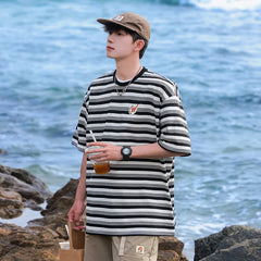 HEARUJOY  -  Hip Hop Striped T Shirt Men Streetwear Mens Stripes T-shirts Casual Summer Short Sleeves Oversized Contrast Tshirt Tops Tee
