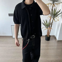 HEARUJOY  -  Men's Solid Color Hollow Short-Sleeved Shirt American Retro Fashion Trend Leisure Loose Breathable Niche Summer New Men's Tops