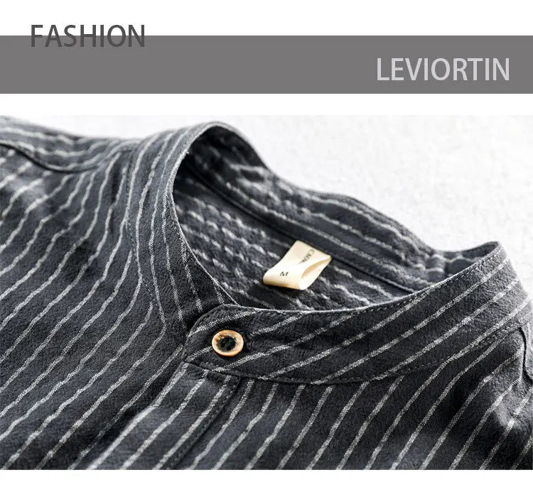 HEARUJOY  -  Men's Casual Cotton Shirt Short Sleeve Blouse Tops Summer Botton Pinstripe Holiday Shirt Comfortable Handsome Men Henley Shirt