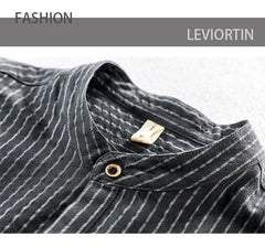 HEARUJOY  -  Men's Casual Cotton Shirt Short Sleeve Blouse Tops Summer Botton Pinstripe Holiday Shirt Comfortable Handsome Men Henley Shirt