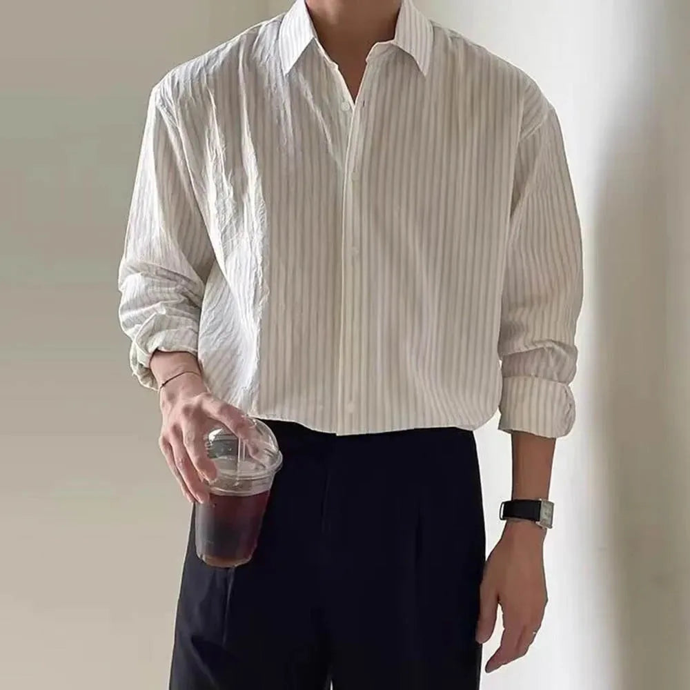 HEARUJOY  -  Autumn New Men's Striped Long-Sleeved Shirt Japanese Retro Fashion Trend Simple Loose Casual Breathable Niche Men's Tops