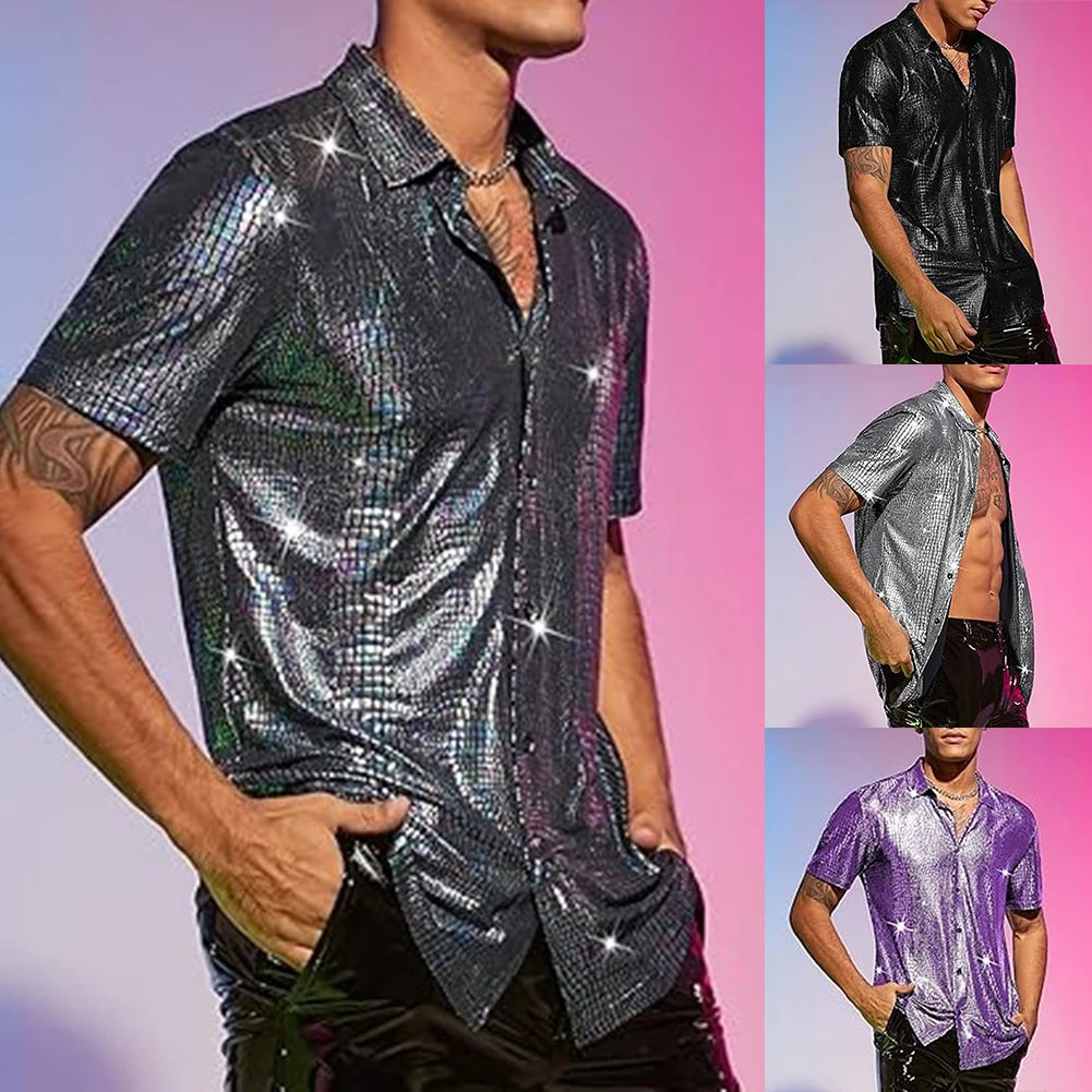 HEARUJOY  -  Male Tops Men Shirt Fashionable Regular Turn-down Collar Disco Stage Shirt Shiny Party Performance Short Sleeve