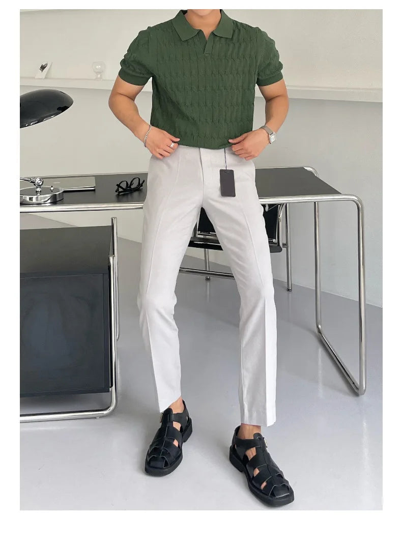 HEARUJOY  -  Summer Clothing Men's Light Luxury Knitted Jacquard Polo Shirt V-Neck Solid Color Short-sleeved Korean Popular Leisure Knitwear