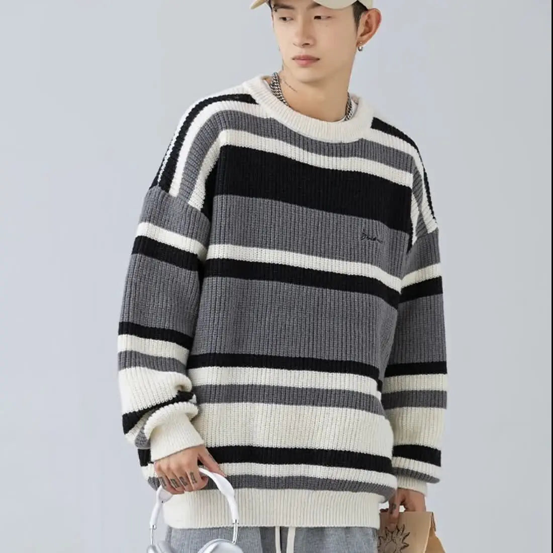 HEARUJOY  -  Fashion Sweater Men's Striped Contrasting Color Base Shirt Thread Knitted Jacket