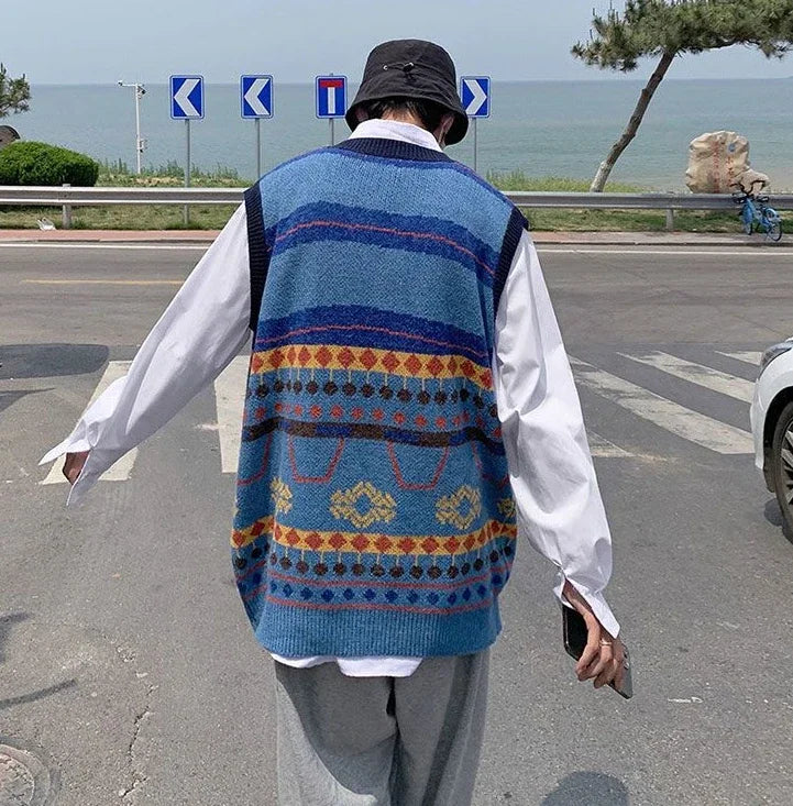 HEARUJOY  -  Sweater Man Casual Waistcoat V Neck Printed Knit Vests for Men Designer Cheap Korean Fashion Smooth Reviews Clothes Top Harajuku