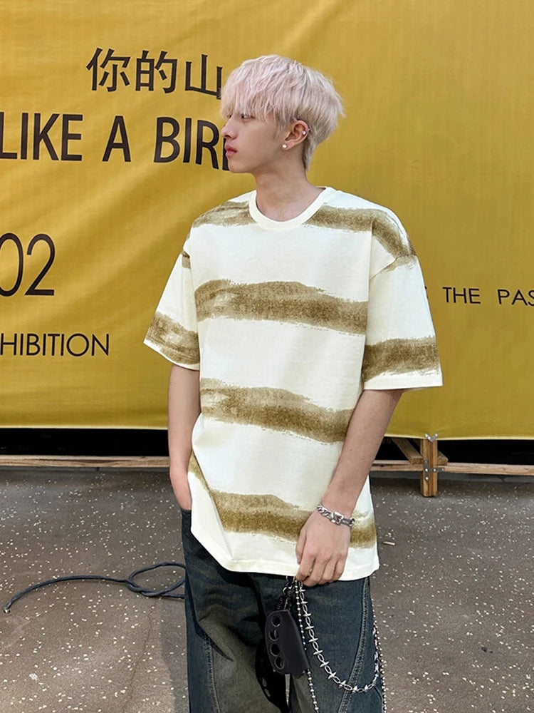 HEARUJOY  -  250G Cotton Summer T-shirts Men Korean Fashion Irregular Stripes Basic Tees Y2K Tops Short Sleeve Oversized T Shirts