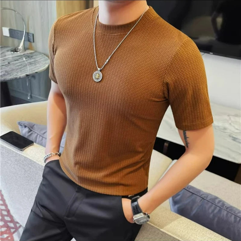 HEARUJOY  -  Men's Slim Stretch O-Neck Tee Trio | Breathable Knit T-Shirts in Black, White & Camel Fashion Men's Everyday Joker Top