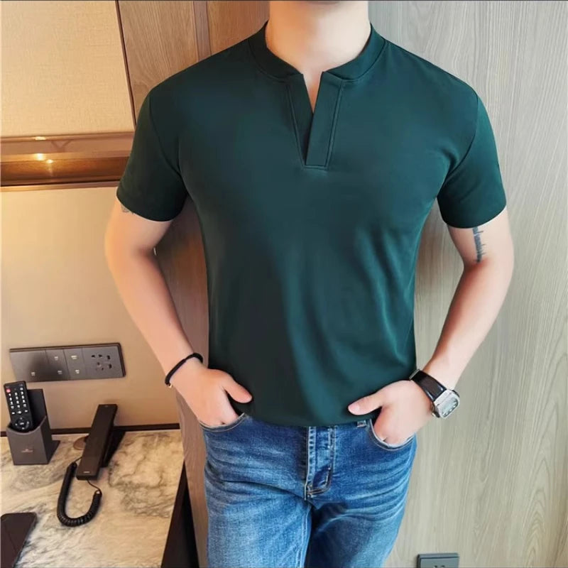 HEARUJOY  -  Men's 92% Cotton Henley Collar V-Neck Short Sleeve Tee  Summer Solid Color Slim Fit Casual T-Shirt in 7 Classic Versatile Colors