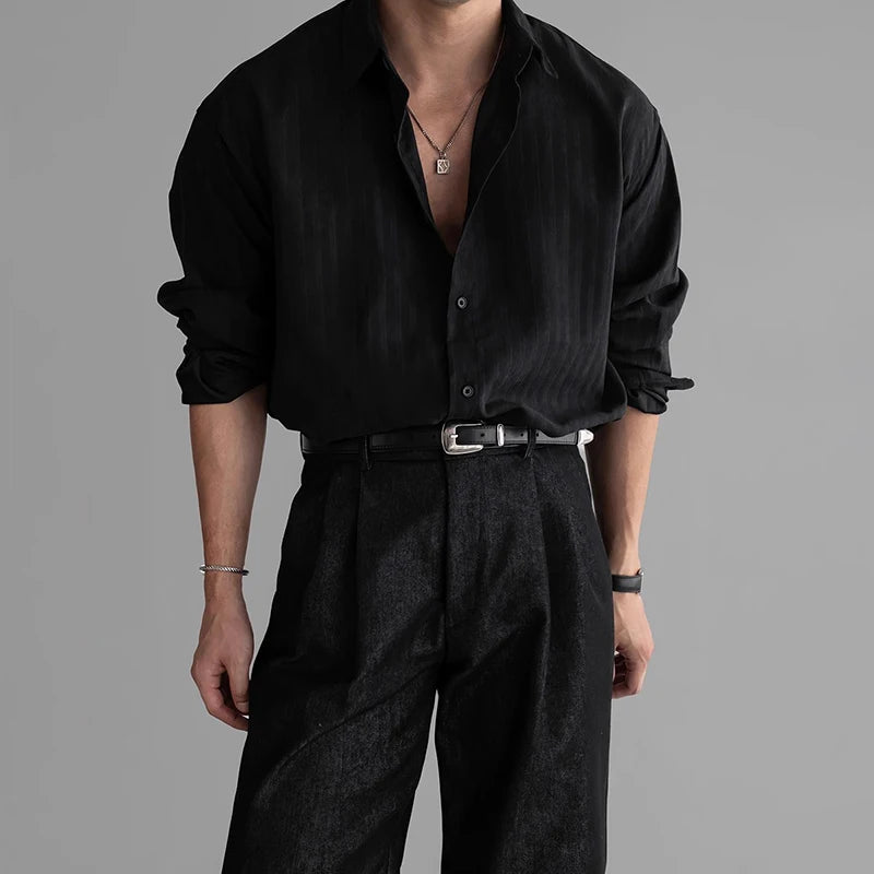 HEARUJOY  -  New Korean Fashion Men Shirts Light Luxury Textured Business Striped Long Sleeve Cardigan Tops Leisure High Quality Blouse M-2XL