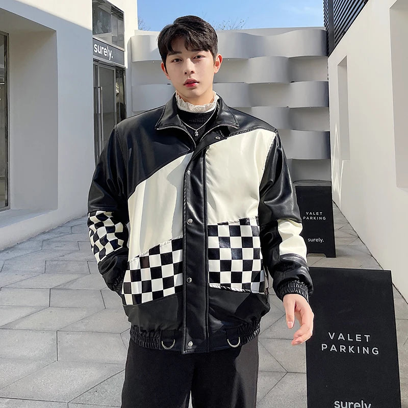 Hearujoy Spring autumn fashion streetwear Korean checkerboard stitching leather jacket men loose casual handsome leather jacket