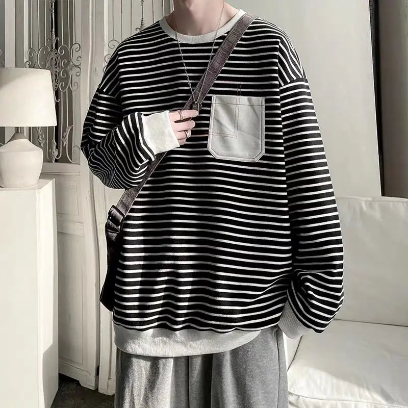 HEARUJOY  -  Men Trendy Striped Patchwork Streetwear Y2K Oversize Basic T-shirt Japanese Style Round Neck Long Sleeve Cotton Tops Ropa Hombre