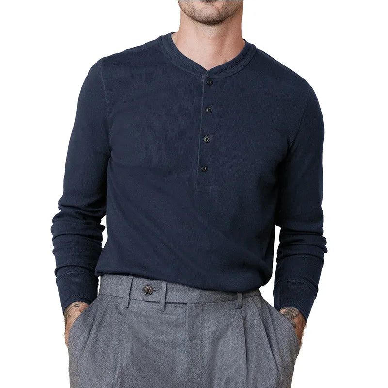 HEARUJOY  -  Men's Fashion Crewneck Long Sleeve T-shirt Henry Spring and Autumn Base Shirt Button Jumper Top