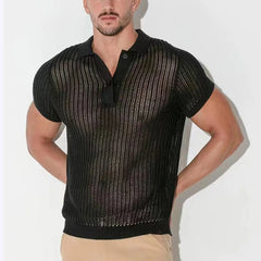HEARUJOY  -  Shirt Tops V-lapel Tops Fashion Fashion Streetwear Ribbed Knitted Sexy See Throughm Hollow Out Short Sleeve Shirt