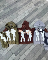 HEARUJOY  -  Y2K trendy classic street letter splicing personalized hooded jacket for men and women retro hip-hop goth washed cool zipper top