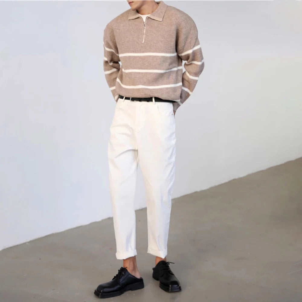 Hearujoy Men's Autumn Winter Striped Half-Zip Long-Sleeved Knitted Sweater 2023 New Trendy Casual Loose Comfortable Color-Blocked Sweater