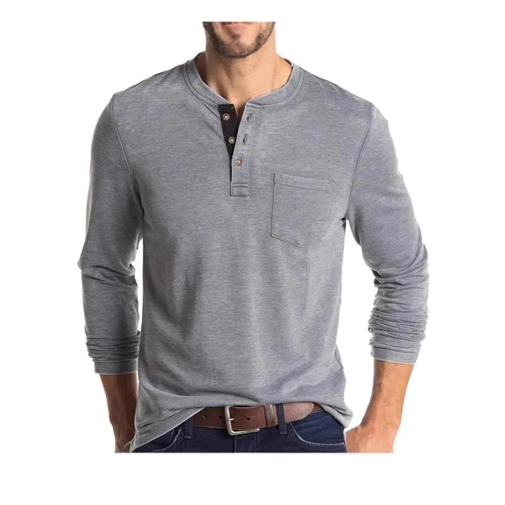 HEARUJOY  -  Spring New Fashion T Shirt Men Basic O Neck Button Long Sleeve T-Shirts Casual Solid Color Breathable Henley Top Tees