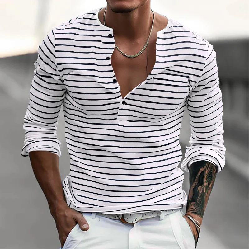 HEARUJOY  -  Men's Spring and Autumn Long Sleeve V-neck Button-down T-shirt Slim-fit Henley Shirt Horizontal Striped Top