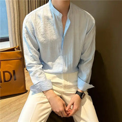HEARUJOY  -  Long-sleeved Stand-collar Pleated Shirt Men's Summer Seaside Vacation Style Casual and Versatile Solid Color Spring Autumn Shirt