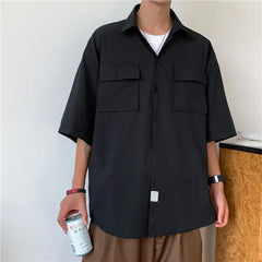 HEARUJOY  -  Summer Short Sleeved Shirt Men Pocket Casual Shirt Men Japanese Streetwear Loose Ice Silk Shirts Mens White Shirt Plus Size 4XL