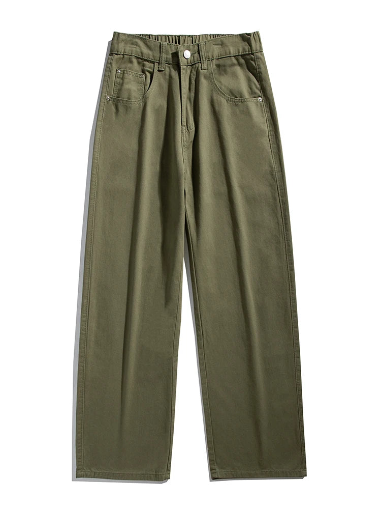 HEARUJOY  -  Korean Style Men’s Casual Pants for Spring Summer 100% Cotton Elastic Waist Solid Color Wide Leg Slacks Loose Straight Trousers