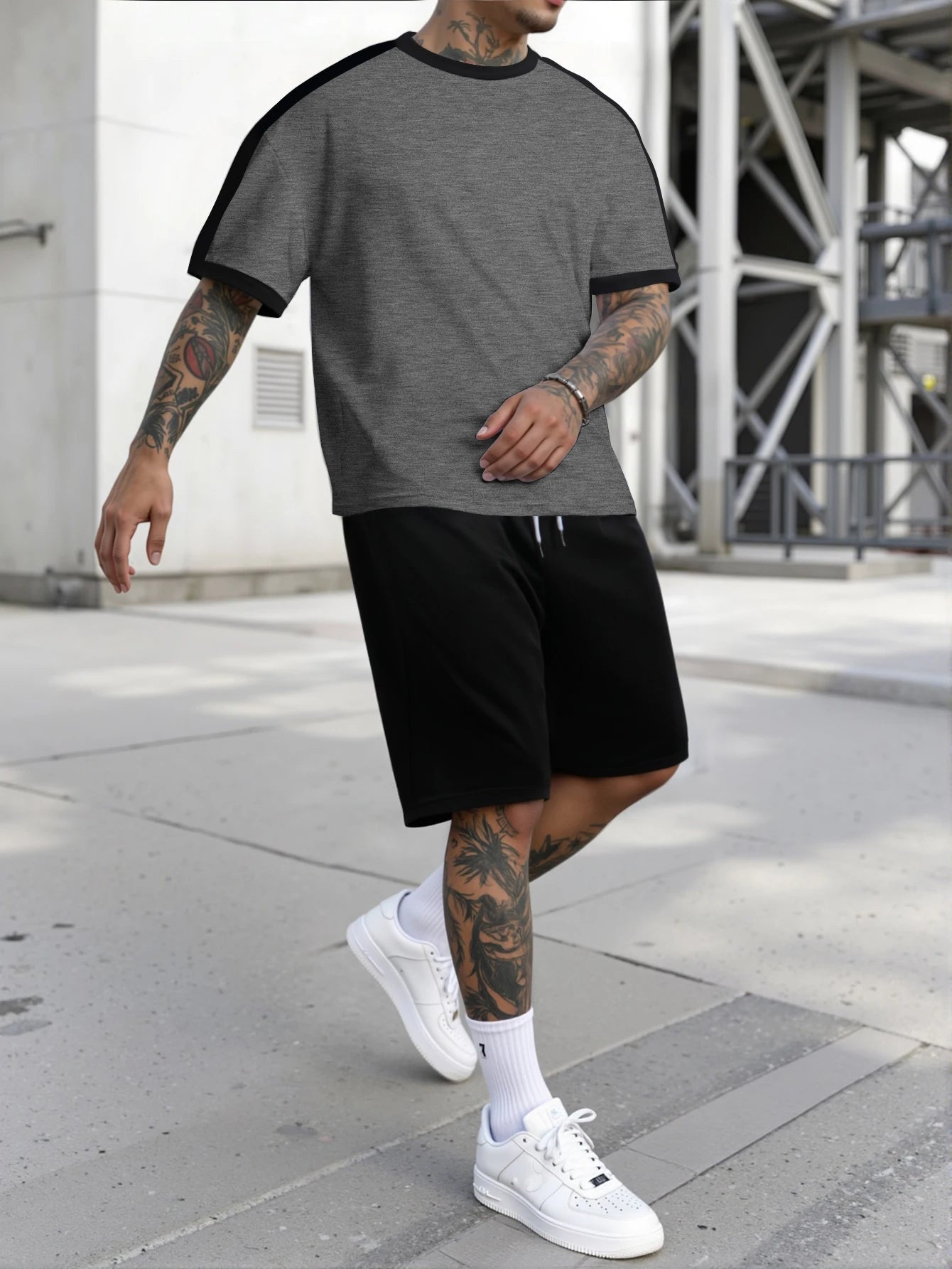 HEARUJOY  -  Summer New Color Matching Sports Suit Men's Short-Sleeved Shorts Loose T-Shirt Five Length Pants Casual Running Set Two-Piece
