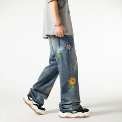 HEARUJOY  -  Street American Micro Flared Jeans Mens Petal Embroidery Washed Cowboy Pants Straight Tube Burr Edge Hip Hop Denim Trousers