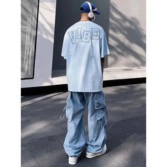 Hearujoy Y2K Cargo Pants for Men Hip Hop Harajuku Parachute Cargo Trousers Male Blue Japanese Loose Casual Streetwear Hip Hop