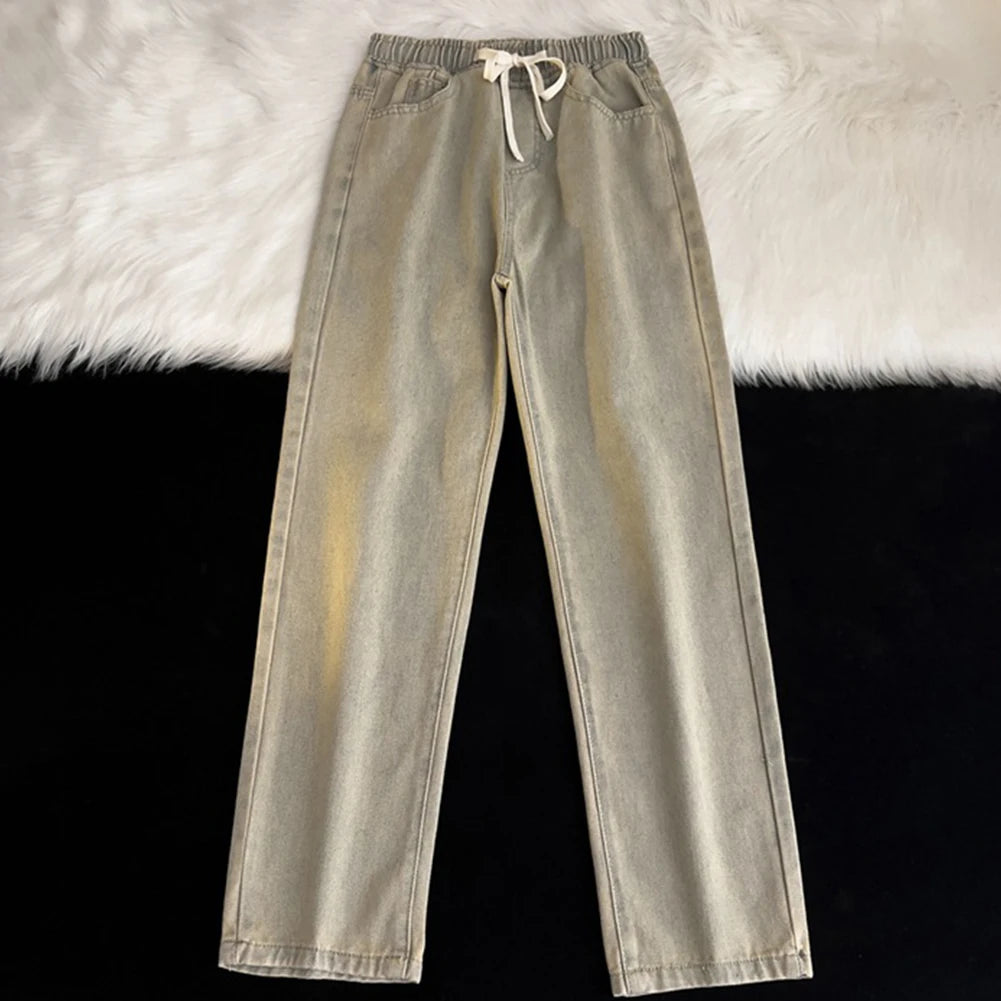 HEARUJOY  -  Men Vintage Korean Casual Pants High Street Hip Hop Straight Wide Leg Jeans Male Drawstring Streetwear