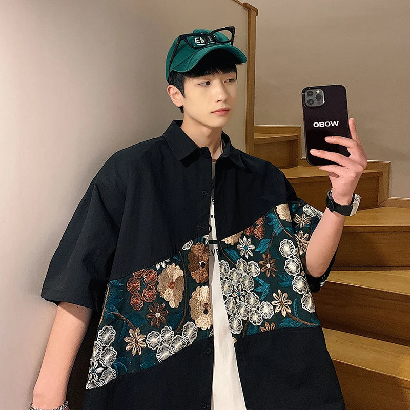 Hearujoy Summer Embroidered Shirt Men Fashion Retro Flower Shirts Men Japanese Streetwear Loose Short Sleeved Shirt Mens Large Size M-5XL