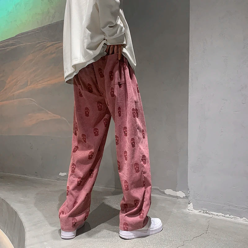 Hearujoy Baggy Corduroy Men Wide Pants Spring Fashion Design Print Trousers Hiphop Straight Sweatpants Oversized Bottoms Man Y2k Clothes