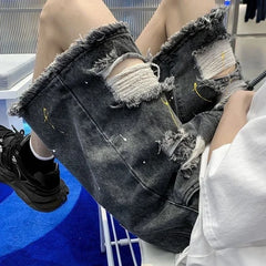 HEARUJOY  -  Loose Wide Ripped Bermuda Big Size with Pockets Half Long Baggy Oversize Short Jeans Pants for Men Man Denim Shorts Popular Emo