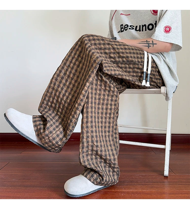 HEARUJOY  -  American Men Thin Pants for Men 2025  Summer plaid  Sweatpants Straight Loose Sports Casual Trousers