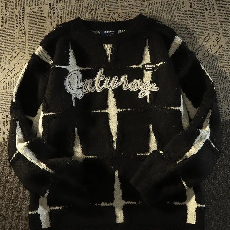 HEARUJOY  -  American Retro High Street Star Sweater Men's Spring Autumn Loose Lazy Style Oversize Japanese Knitted Jacket
