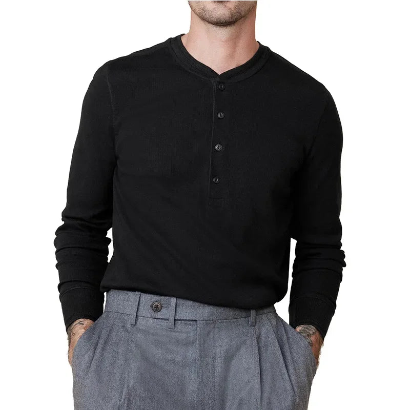 HEARUJOY  -  Men's Fashion Crewneck Long Sleeve T-shirt Henry Spring and Autumn Base Shirt Button Jumper Top