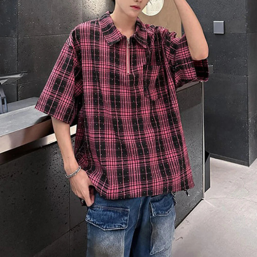 HEARUJOY  -  Mens Hot Diamond Plaid Half-Zip Casual Shirt Streetwear Fashion Youth Campus Versatile Short-Sleeve Tops Men'S Clothing 2025 New