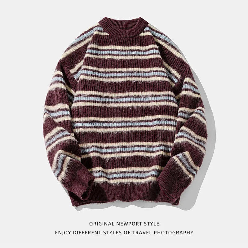 Hearujoy Winter Velvet Sweater Men Warm Striped Knitted Pullover Men Streetwear Korean Loose Long Sleeved Sweater Mens Jumper Clothes