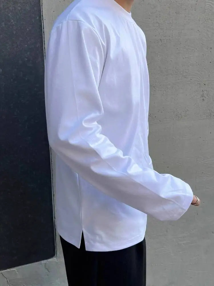HEARUJOY  -  New Simple Men's T-shirts Round Collar Solid Color 2025 Autumn Korean Style Pullover Tees Long Sleeved Loose Male Tops