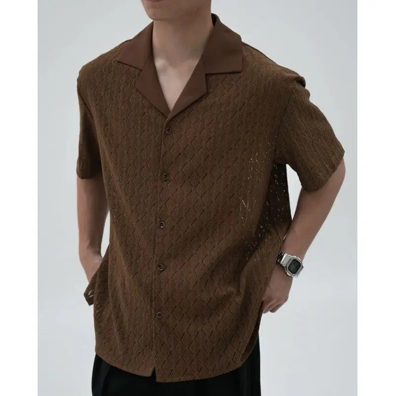 HEARUJOY  -  Summer Black Short Sleeved Shirt Men Oversized Beige Casual Shirt Streetwear Men Korean Loose Hollow Shirt Mens Hawaiian Shirts