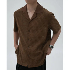 HEARUJOY  -  Summer Black Short Sleeved Shirt Men Oversized Beige Casual Shirt Streetwear Men Korean Loose Hollow Shirt Mens Hawaiian Shirts