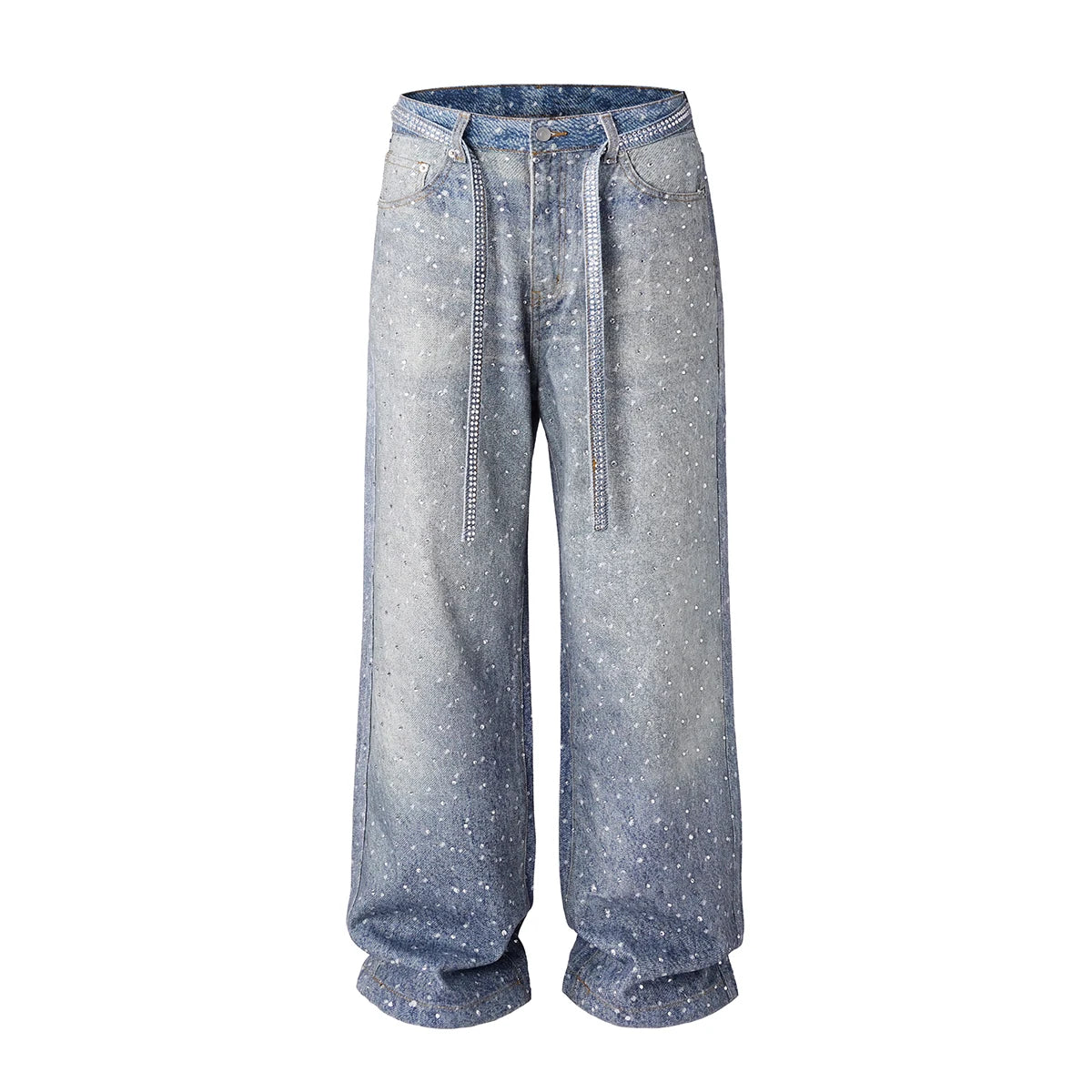 Hearujoy Full Rhinestone Print Washed Blue Baggy Jeans Mens and Women Ropa Hombre Streetwear Solid Casual Denim Trousers Loose Cargos