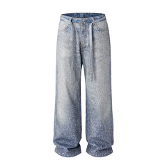 Hearujoy Full Rhinestone Print Washed Blue Baggy Jeans Mens and Women Ropa Hombre Streetwear Solid Casual Denim Trousers Loose Cargos