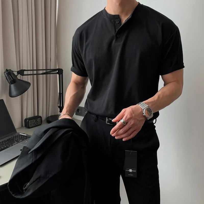 HEARUJOY  -  New Men Light Luxury Henry Collar T-Shirt Leisure Button-down Solid Color Short Sleeve Korean Style 2025 Summer Streetwear M-3XL